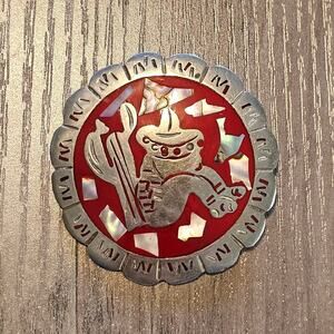 Vintage Alpaca Silver & Abalone Siesta Scene Scalloped Brooch